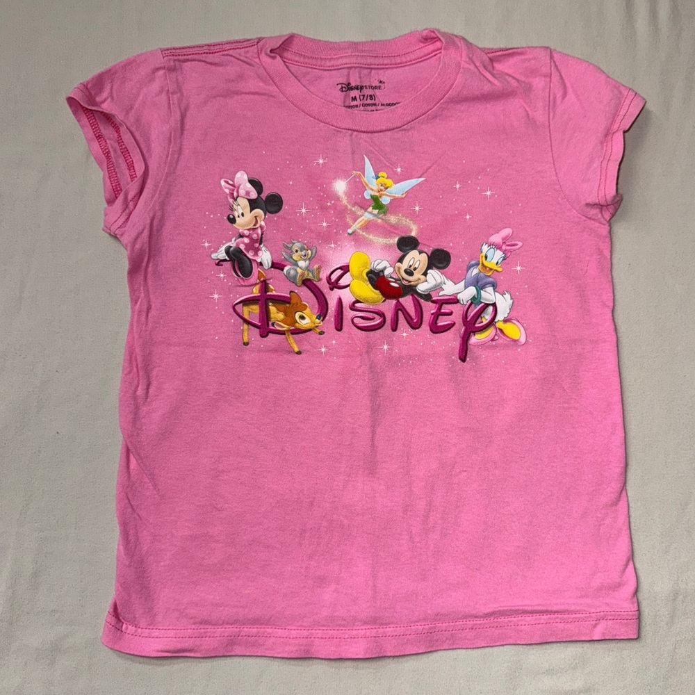 Disney Store Pink Shirt Girl’s Medium 7-8 Minnie Mouse Tinker bell Tee Top Cute
